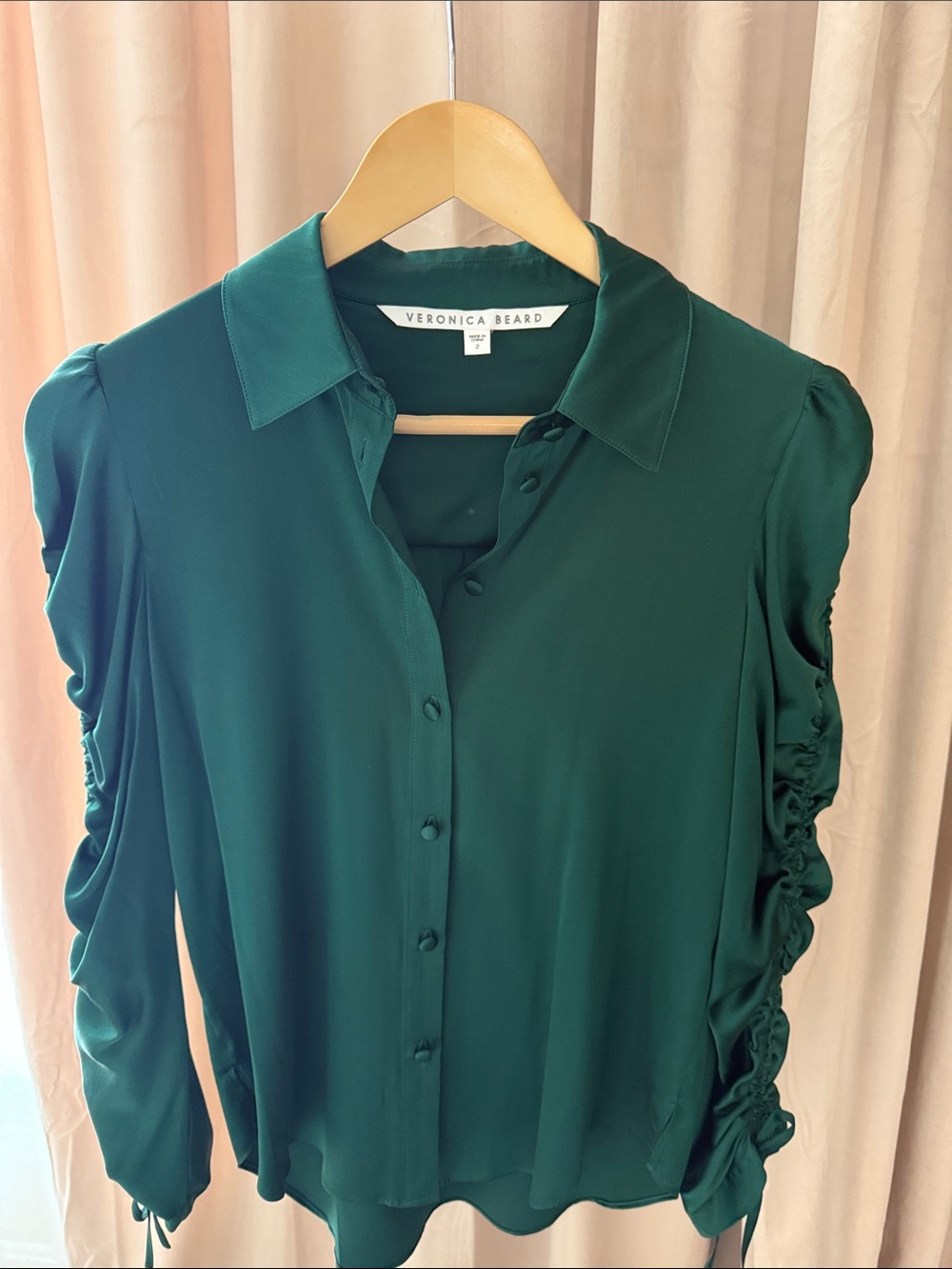 Veronica Beard Emerald Green Ruffle-Sleeve Button Front Blouse